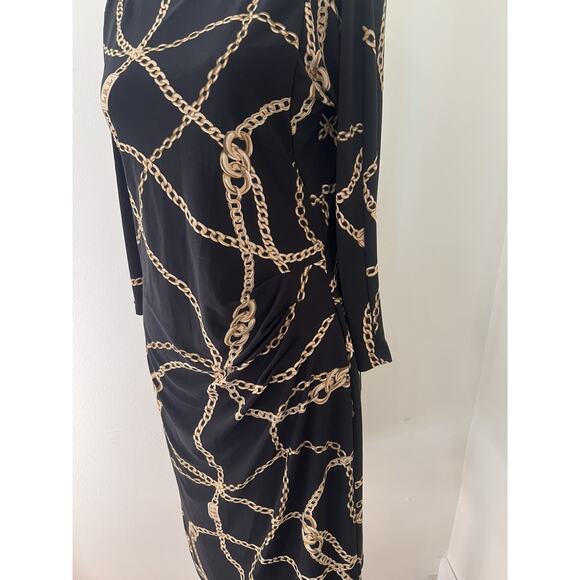 L AUREN RALPH LAUREN Black Gold Chain Link Jersey Dress Boat Neck bodycon sz 10 - Picture 6 of 11